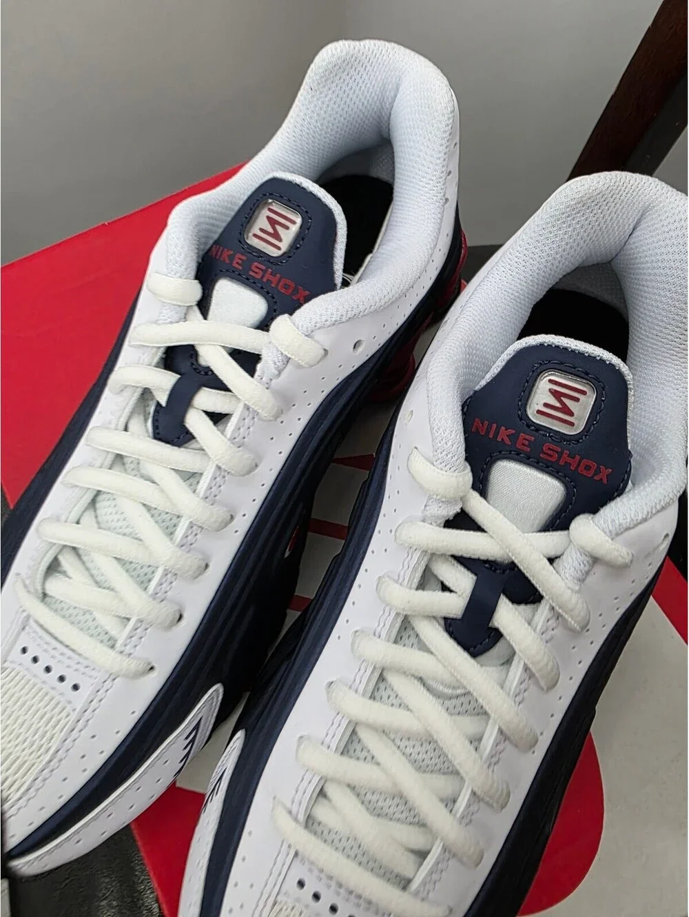 Nike Shox R4 Running Shoes Navy White Red